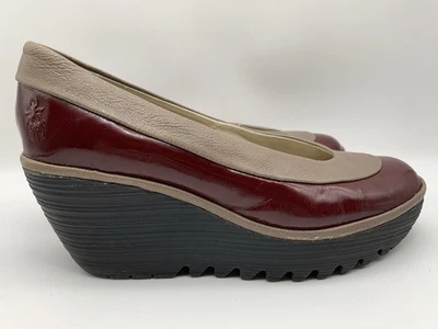 Fly London Women's US 6/6.5 EU 37 Yoko Burgundy Patent Leather Tan Wedge Shoes - Image 1 of 4