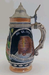 Birra tedesca Stein Heidelberg Perkeo con coperchio in peltro alta 8,5" vintage - Foto 1 di 9