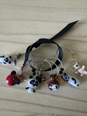 BEARS PANDA BEARS BROWN BEARS TEDDY BEAR   WINE GLASS CHARM RINGS SET OF 6 - Image 1 of 4