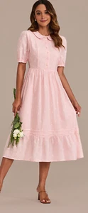 NWT Simple Retro Peter Pan Midi Collar Puff Cottagecore Whimsical Pink M Dress - Picture 1 of 9