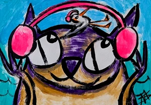 Original ACEO Siamkatze Gemälde Vogel zeitgenössische Volkskunst Samantha McLean - Bild 1 von 2