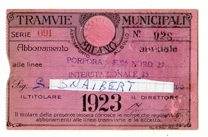 TESSERA TRAMVIE MUNICIPALI MILANO 1923 LINEE PORPORA FER NORD 27 INTERSTAZIONALE - Imagen 1 de 2