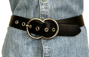 90s Express Italian Leather Belt Size Small Double Loop Buckle Made USA Black - Picture 1 of 10