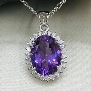 8.50ct Oval Natural Amethyst & Diamond Pendant 18k White Gold Plated No Chain - Picture 1 of 11