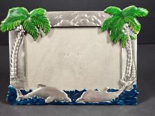 Enamel and metal dolphin and palm tree 5 3/4x 3 3/4" picture frame ocean beach