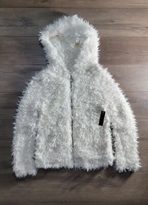 No Boundaries Juniors Ivory Fluffy Fuzzy Soft Sherpa Hooded Jacket Size:M 7-9 - Picture 1 of 6
