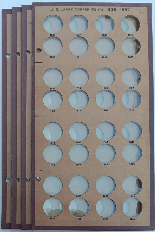 Wayte Raymond 1x 1826-1857 centavos grandes + 3x lote de página de álbum de tablero de monedas de 29 mm en blanco Foto 1 de 4