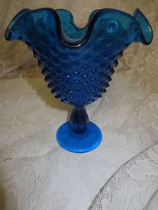 BLUE PRESSED GLASS Hobnail Footed Ruffled Candy Dish Vase Vintage - Picture 1 of 5