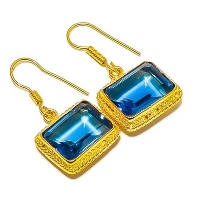 Pendiente antiguo chapado en oro amarillo de 18k zafiro azul (simulado) 1,37" E4-161 Foto 1 de 3