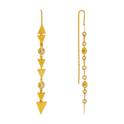 14K Gold Dangle Threader Earrings Sparkling Accents Geometric Chain 8x74mm - Image 1 of 3