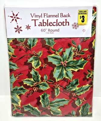 Vintage Vinyl Flannel Back Christmas Holly Berries 60" Round Tablecloth NOS - Image 1 of 4
