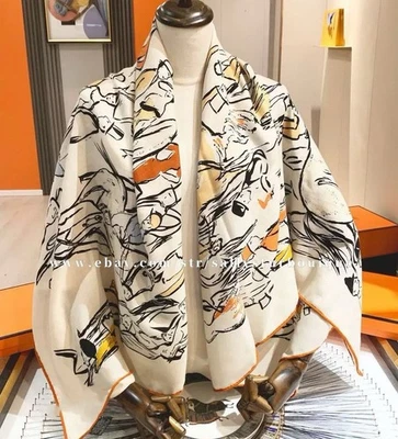 Sallys 70% Cashmere & 30% Silk Wrap Scarf Horses Print Double Face Shawl 53" - Image 1 of 4
