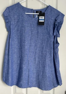 Jones New York Signature Woman’s Blue White Linen Short Sleeve Ruffle Top XL NWT - Picture 1 of 2