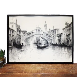 Original Framed Drawing Venice Charcoal Art Signed Vintage Architectural Canal - Picture 1 of 11