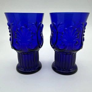 2 Vintage Cobalt Blue 10 oz Embossed Pilgrim Design Pedestal Tumbler Glasses - Picture 1 of 12