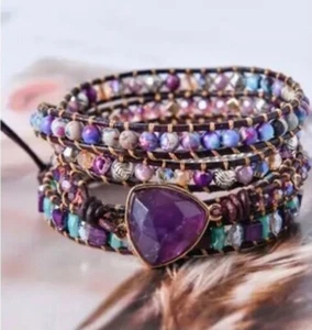 Leather Wrap Bracelet Boho NATURAL AMETHYST AND AGATE 5 Strands 112 - Picture 1 of 1