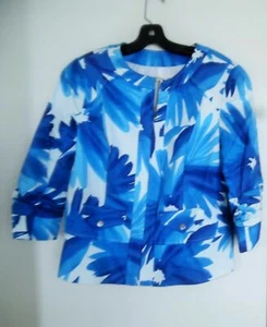 Coldwater Creek Women's Blue White Floral Full Zip 3/4 Sleeves Jacket  Size 10P  - Picture 1 of 12