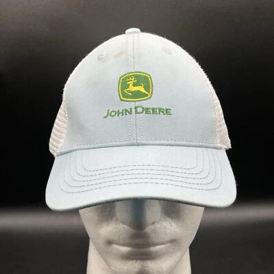 Chapéu caminhoneiro John Deere azul claro e branco adulto Snapback abertura rabo de cavalo usado - Imagem 1 de 4