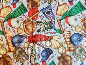 Stoff BASEBALL Motive jugendlich 13,5xWOF Daisy Kingdom Hintergrund mittelblau - Bild 1 von 4