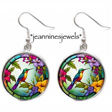 Faux Stained Glass Hummingbird Earrings Spring Art Print Silver Charm Dangle