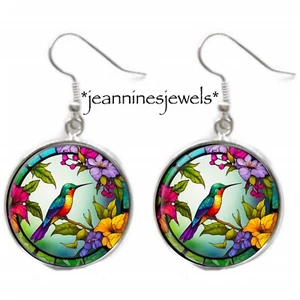 Faux Stained Glass Hummingbird Earrings Spring Art Print Silver Charm Dangle - Picture 1 of 12