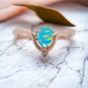 925 Sterling Silver 7X5MM Pear Shape Natural Opal Ring Cubic Zirconia Ring - Picture 1 of 8