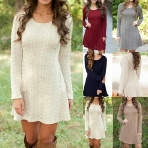 Strickpullover Mini Langarm Bluse Damen Sweatshirt Kleid Tunika Zopfmuster - Bild 1 von 17