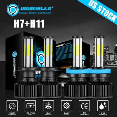 6-sides H7 H11 LED Headlight Combo Bulbs High Low Beam Super Bright White 6500K - Image 1 of 4
