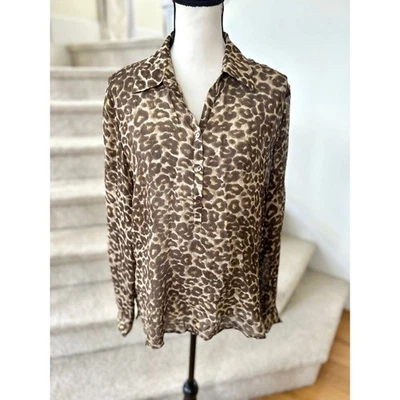 Blusa Vintage Easy Spirit Seda Marrón Estampado Leopardo Manga Larga Foto 1 de 4