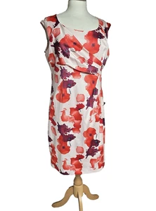 Minuet Petite Dress Size 16 Red Pink Poppy Floral Lined Washable Ruched - Picture 1 of 24