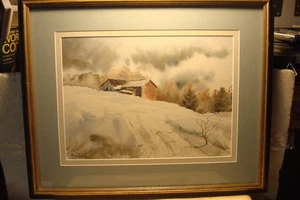 Vintage Cabin Landscape WINTER Watercolor Painting Signed Mark Pascole?/PASCALE - Picture 1 of 12