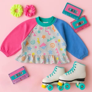 Carter's Vintage 1980s Girls Ruffle Sweatshirt | Color Block Sleeves | Size 6x - Picture 1 of 10