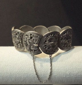Silver French Indochina Panel Bracelet 925 Sterling Silver Vintage Art Deco - Picture 1 of 11
