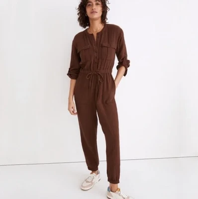 Madewell Brown Lightspun Double Gauze Jogger Jumpsuit Size 14 Large Drawstring - Image 1 of 4