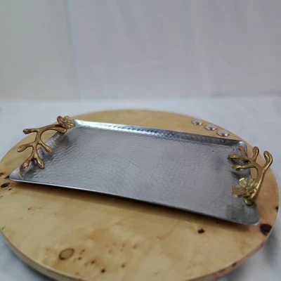 Golden Vine Gilt Leaf Handles Hammered Stainless Steel Rectangular Tray - Image 1 of 4