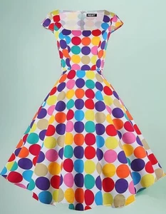PUKAVT Women's Retro 1950 Party Swing Cocktail Dress LG Colorful Polka Dot - Picture 1 of 8