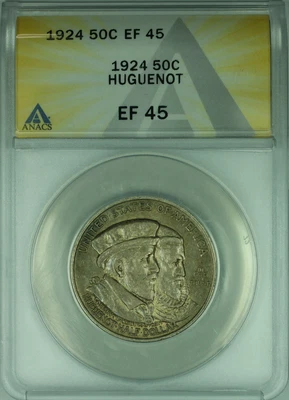 1924 Huguenot Commemorative Silver Half Dollar 50c Coin ANACS EF-45 (39) - Image 1 of 2