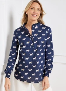 Talbots Bluse Top marine Rüschen Ausschnitt Normcore Scottie Dogs Größe Large Karriere - Bild 1 von 22