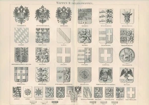 Tafel Heraldik: WAPPEN / STAATENWAPPEN Original-Holzstich 1890 - Picture 1 of 1