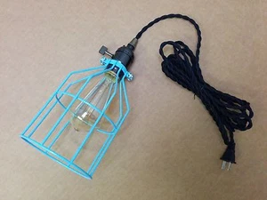Vintage Aluminum Pendant Lamp Black Twisted Cord w/Plug Edison Light Bulb Cage - Picture 1 of 25