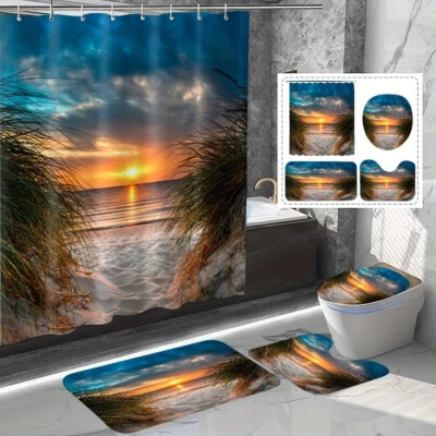 Juego de alfombras de baño cortina de ducha arena sol playa alfombra de baño tapa de inodoro cubierta decoración Foto 1 de 4