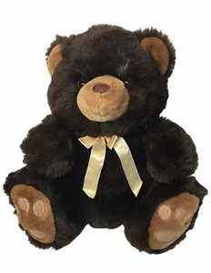 Aurora Teddy Bear Plush Golden Bow 1989 Brown Stuffed Animal Stitched Paws 15" - Picture 1 of 11