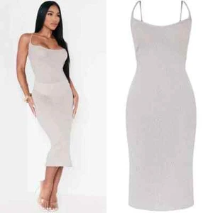 PrettyLittleThing women's grey strappy textured sheer midaxi dress size 6 NWT - Picture 1 of 3