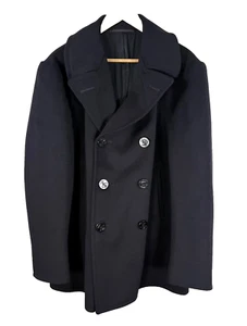 Vintage 1970's Overcoat Enlisted Navy Black Man's Wool Kersey Peacoat 40R READ - Picture 1 of 13