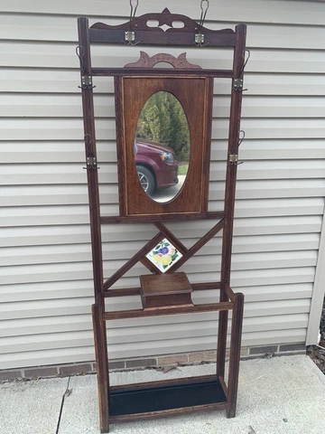 Antique Umbrella & Coat Rack - Glove Box-Mirror,Oak Hat stand w/drip pan-Belgium Cover