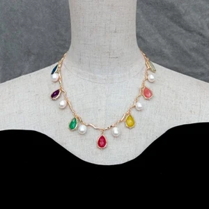 10x12mm Cultured White Rice Pearl Jade Quartz Fluorite Drop Beads Necklace - Picture 1 of 6