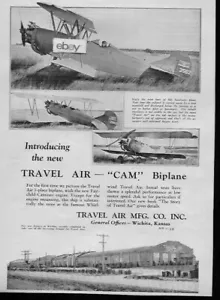 TRAVEL AIR WICHITA,KANSAS 1928 INTRODUCING THE NEW CAM 3 PLACE BIPLANE AD - Picture 1 of 1