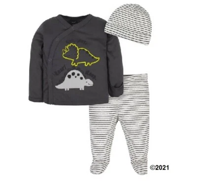 Gerber Bebé Niño Algodón Orgánico 3 Piezas Dinosaurios Llévame a Casa Set Talla Prematuro Foto 1 de 4