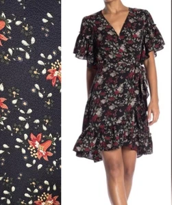 NWT $138 Max Studio Dark Navy Red Floral Ruffle Waist Tie Wrap Dress Sz M - Picture 1 of 8
