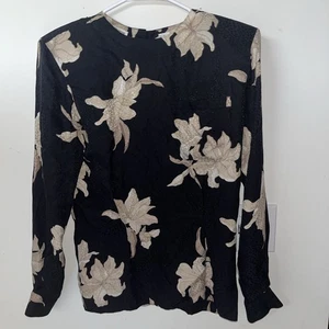 Liz Claiborne 4 VNTG Silk Jaquard LS Pocket Floral Bttn Back Blouse  - Bild 1 von 10
